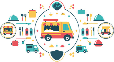 Naklejka premium Food truck festival vector set with street food van characters and kitchen tool icons for restaurant branding and catering illustrations
