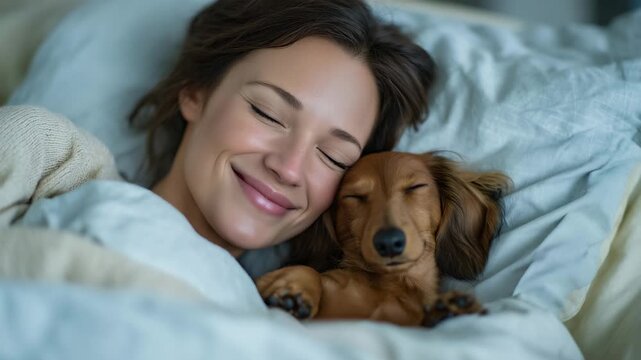 55Young owner with brown dachshund sleeping together on a comfortable bed at home, soft pastel bedding and pillows, peaceful afternoon nap scene, gentle ambient light, emotional warm