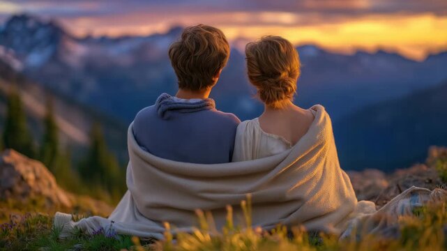 57A loving couple, wrapped in a blanket, sits on a mountain at sunset, view from behind, warm golden light spilling over layered mountain ranges, soft clouds drifting through valleys