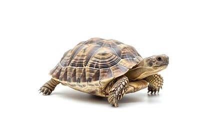 Obraz premium Tortoise walking on white background slow moving reptile with brown and yellow shell claws visible gentle creature