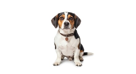Tri colored beagle dog sitting on white background looking directly at camera with brown collar and tag