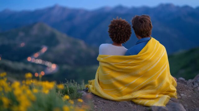 63A loving couple, wrapped in a blanket, sits on a mountain at sunset, view from behind, high vantage point above a winding valley, sky transitioning into blue hour, subtle stars beg