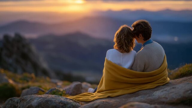 65A loving couple, wrapped in a blanket, sits on a mountain at sunset, view from behind, sitting on a rocky ledge with textured stone in the foreground, sun dipping behind mountains,
