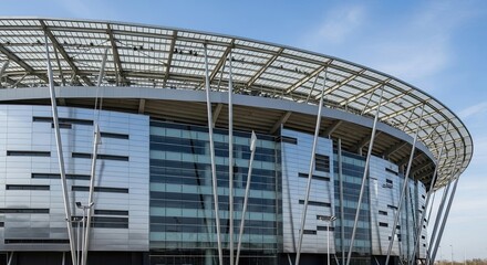 Obraz premium Modern stadium exterior with metal and glass construction against blue sky