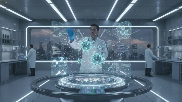 Futuristic laboratory scene with scientists in lab coats examining holographic data displays and advanced technology creating a high tech research environment