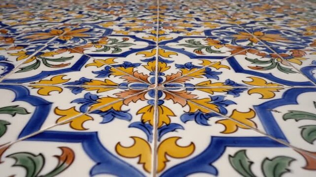 A close-up view of a vibrant tile pattern with floral designs and geometric shapes on a floor