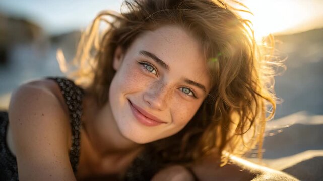 78A beautiful young woman on the beach lies on the sand and smiles, close-up portrait with sparkling eyes, sun-kissed skin, subtle lens flare, blurred shoreline in the distance, auth
