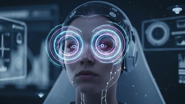 A focused woman wears a futuristic headset with glowing eye interfaces analyzing complex data displays on screens surrounding her in a high tech environment