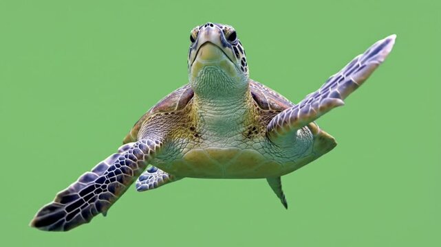 Sea Turtle Swimming on Green Screen Chroma Key Background, Majestic Marine Reptile Studio Shot