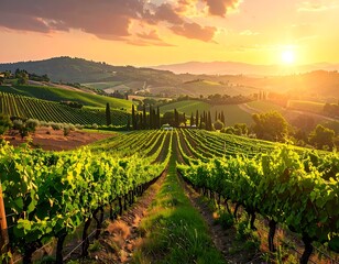 Vineyard rows fade into distant hills under a golden sunset. Rolling landscape with trees and plants. Warm and scenic view