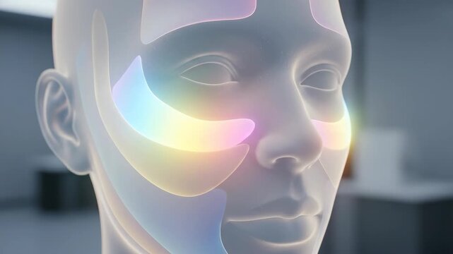A futuristic translucent human head displays holographic anatomical data with rainbow colored sections Medical technology and science visualize complex human body information