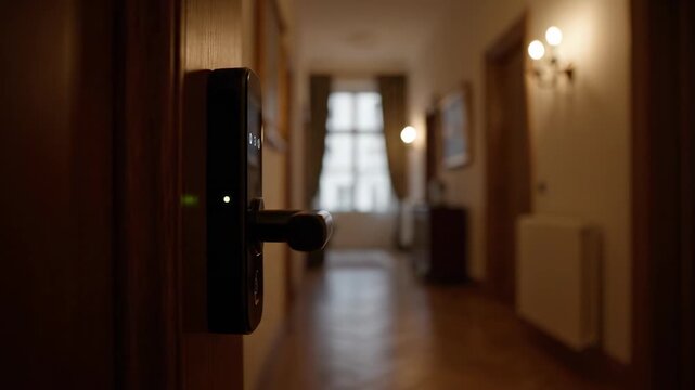Opening a Hotel Room Door to a Bright Hallway with a Window View.