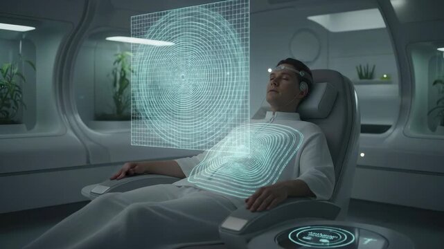 A man reclines in a futuristic chair connected to a glowing interface He appears relaxed as holographic data surrounds him in a sterile environment