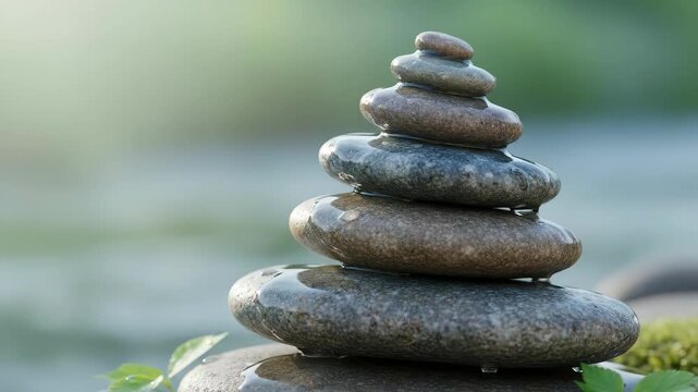 A serene stack of smooth wet stones balances precariously outdoors bathed in soft natural light suggesting tranquility and mindfulness