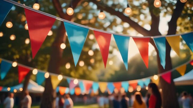 4K video of colorful triangular flags hanging at outdoor festival