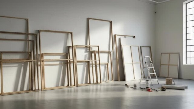 Empty canvases and wooden frames fill a brightly lit studio bathed in natural light Art supplies and a ladder suggest creative work is underway in this inspiring space