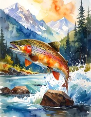Watercolor trout leaps from mountain stream, splashing. Pine trees and snowy peaks under an orange sky