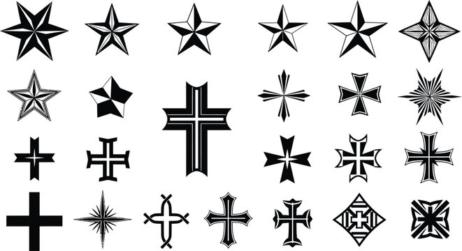 Black Cross and Star Symbols on White Background