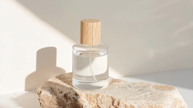 A clear eco perfume bottle sits on a natural stone surface. Sunlight shines on the bottle, showing the design and simplicity of the product. This setting highlights the bottle's materials