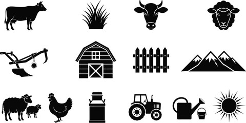 Farm and agriculture icons set with livestock barn tractor tools and rural elements isolated on white background vector © Santo's World