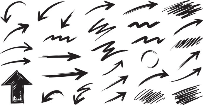 Creative arrows in grunge style, vector collection, beautiful and stylish. Bold arrows, graphic set of isolated elements from brush strokes, thick pointers isolated 