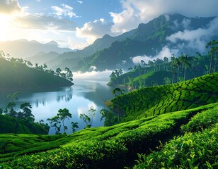Verdant landscape with a lake reflecting the sky, rolling hills covered in tea plantations and misty mountains