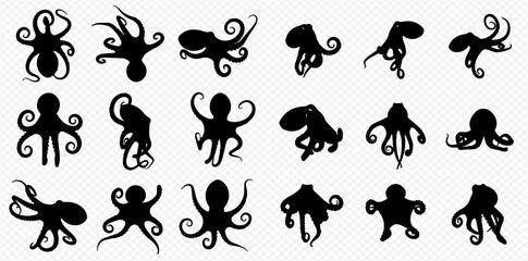 A diverse collection of black octopus silhouettes in various dynamic poses and styles, isolated on a transparent background. © Akun