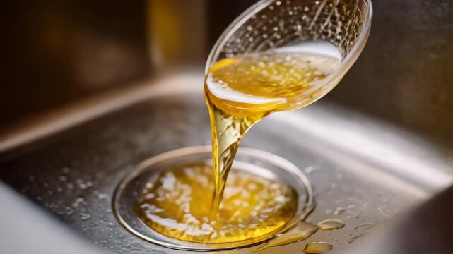 428Person pours hot cooking oil from pan into kitchen sink drain. Liquid fat goes down pipe creating potential blockage. Disposal of grease hazard, high-detail macro perspective showi