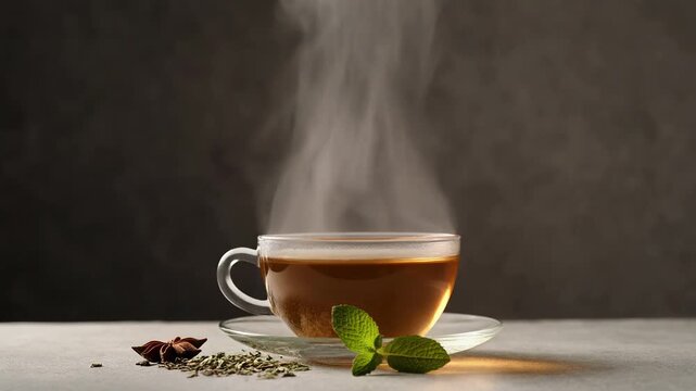 A steaming cup of herbal tea sits on a table surrounded by scattered herbs and spices in a warm and cozy setting