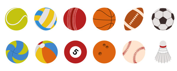 Fototapeta premium Collection of sports balls for various games. Soccer, football, basketball, volleyball, polo, tennis, cricket, badminton, bowling, baseball, billiards. Sport equipment set isolated on white background