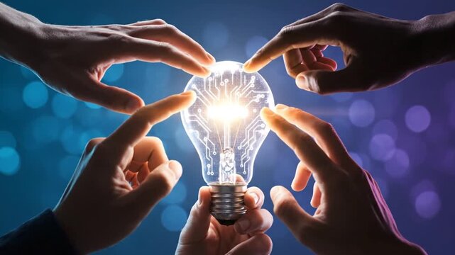 Collective Brainstorming and Innovation Symbolized by a Glowing Lightbulb.
