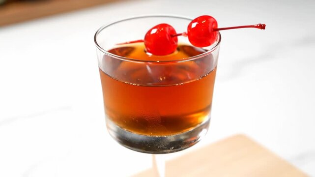 An elegant amber cocktail like a manhattan or rob roy garnished with maraschino cherries. A sophisticated alcoholic beverage for a bar menu or happy hour celebration
