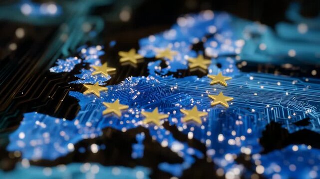 473European Union map outlined on digital circuit board. Yellow stars of EU flag embedded, signifying unity and technological advancement. Global network security and data protection