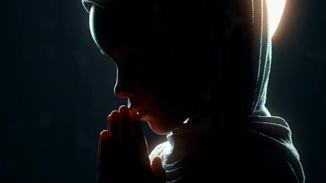 Silhouette of person praying with hands clasped, bathed in dramatic light