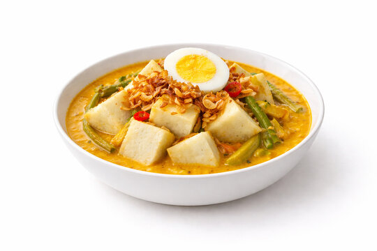 Indonesian Ketupat Sayur Rice Cake with Coconut Vegetable Curry Isolated on White. Traditional breakfast and festive dish, ideal for menu, food advertising, culinary banner, and cookbook illustration.