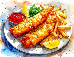 Watercolor painting of fried fish and chips with lemon wedge and ketchup on a white plate