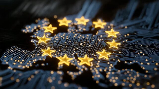 489European Union map outlined on digital circuit board. Yellow stars of EU flag embedded, signifying unity and technological advancement. Global network security and data protection