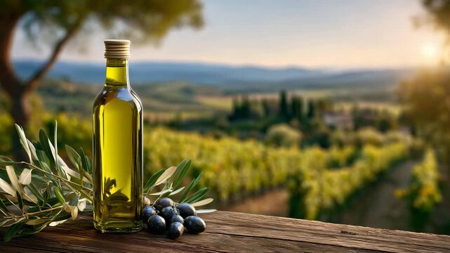 492Golden olive oil bottle rests near fresh olives on wooden table. Tuscan vineyard rows stretch towards warm sunset. Olives and oil glow in soft light, close-up of bottle with drople