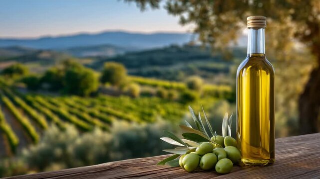 493Golden olive oil bottle rests near fresh olives on wooden table. Tuscan vineyard rows stretch towards warm sunset. Olives and oil glow in soft light, side-angle view showing bottle