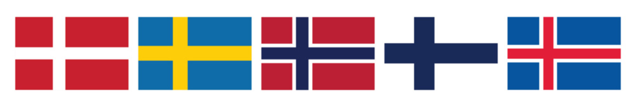 denmark sweden norway and iceland national flags with plus symbol in rectangular and circular styles isolated on white background vector illustration