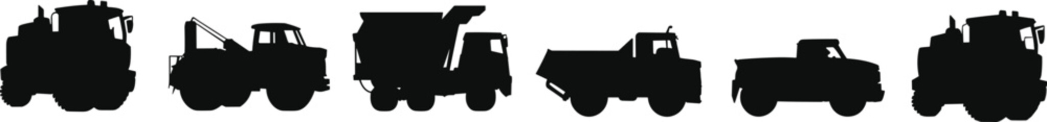 Heavy duty truck silhouettes collection featuring dump trucks, tow trucks, pickup and cargo vehicles isolated on white background © Santo's World