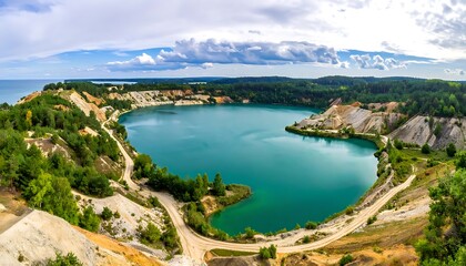 Obraz premium Scenic panorama of a blue lake surrounded by sandy hills and lush forest under a cloudy sky