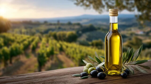 500Golden olive oil bottle rests near fresh olives on wooden table. Tuscan vineyard rows stretch towards warm sunset. Olives and oil glow in soft light, cinematic close-up of olive oi