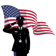 Soldier Saluting American Flag Waving - Military Service, Patriotism, Honor