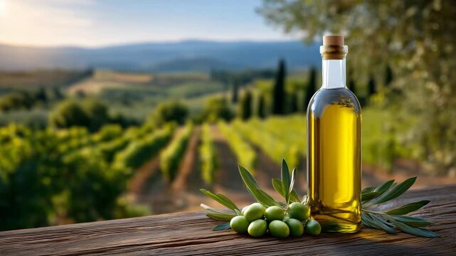 507Golden olive oil bottle rests near fresh olives on wooden table. Tuscan vineyard rows stretch towards warm sunset. Olives and oil glow in soft light, diagonal composition with bott