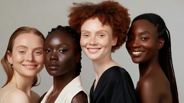 Four models with varied skin tones and hairstyles pose closely together. The focus is on beauty and representation in a studio setting. Each model shows a unique style and presence