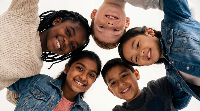 Five diverse children smiling and looking down into the camera, forming a circle with their heads together against a bright white background, symbolizing friendship and unity.