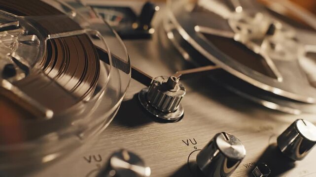 Vintage audio equipment recording music. Close-up of reel-to-reel tape player showing detailed mechanics. Retro atmosphere enhances nostalgia for music lovers.