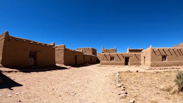 Panoramic view of a traditional adobe village in a remote desert landscape. Sunlit mud brick houses and dusty streets under a clear blue sky on a hot summer day