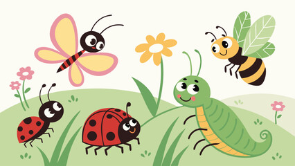 Cute Cartoon Insects Butterfly Bee Ladybug Caterpillar Garden Illustration for Spring Children Education Web Design Projects